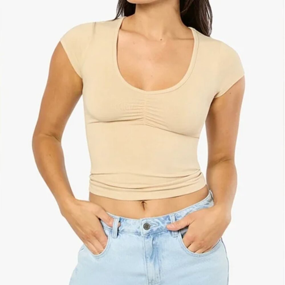 NWT weworewhat ruched baby tee cotton jersey beige short sleeve neutral tan